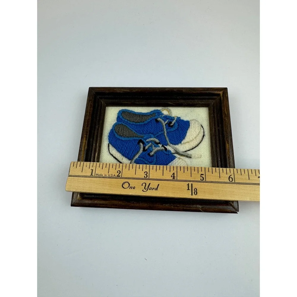 Vintage Crewel Embroidery Framed Wall Art Blue Sneakers Tennis Shoes Folk Art